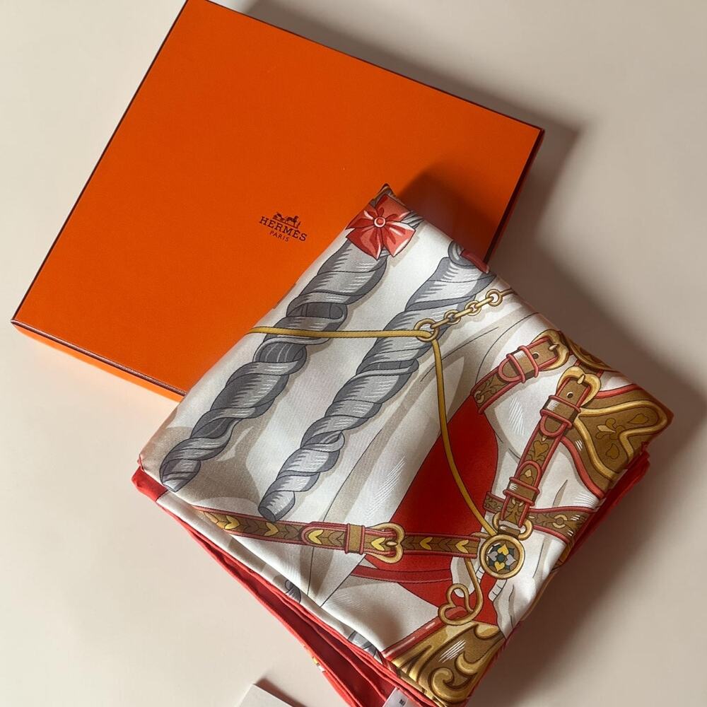 Authentic Hermès “Harnais de Coeur” Silk Scarf by Daiske Nomura w/box